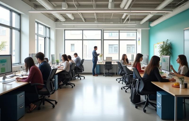 Interior shot of Prism Creative Studio showing a bright, modern collaborative workspace with people working