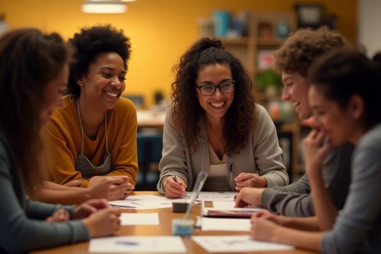 Group of diverse people smiling and collaborating in a creative workshop setting at Prism Creative Studio