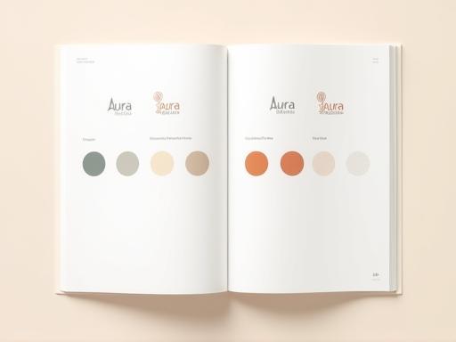 Spread from a brand style guide document showing logo variations and colour palettes