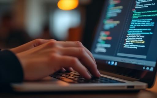 Hands typing on a laptop keyboard with creative writing and digital content visible on the screen