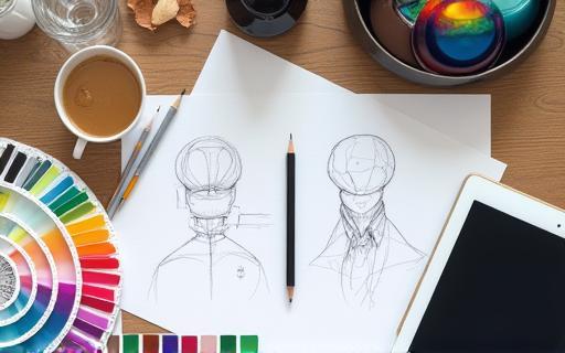 Graphic designer's desk with a professional color palette, design sketches, and digital tablet