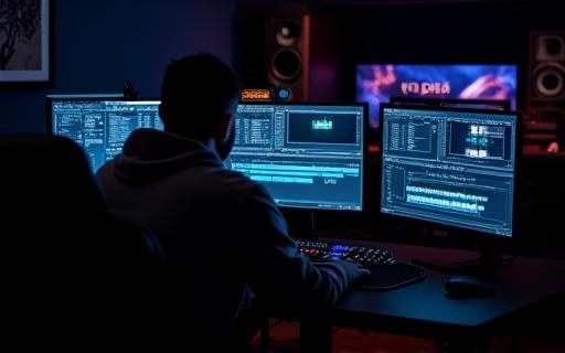 Computer screens showing video editing timeline software and visual effects nodes in a post-production suite